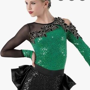 Weissman Dreamer Green Black Sequin Lace Appliqué Biketard Dance Costume, CM
